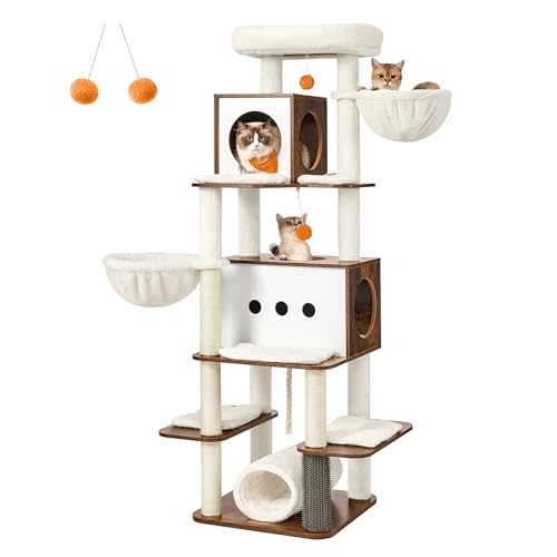 Feandrea Cat Tree, 64.5-Inch Tall Modern Cat Tower for Large Indoor Cats, Multi-Level Cat Condo with 2 Caves, 2 Hammocks, 4 Scratching Posts, Self-Groomer, Tunnel, Perch, Rustic Brown UPCT167K01