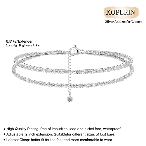 koperin Ankle Bracelets for Women, Silver Layered Glitter Waterproof Anklet for Women 14K Gold Plated Anklets Sterling Silver Layered Moon Pendant Anklet Summer Beach Waterproof Jewelry