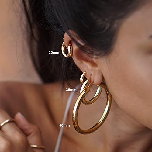 OOOPEL 4mm Thick Gold Chunky Earrings Steling Silver Post Hoops For Women Hollow Tube Hoop Hypoallergenic Lightweight Large 20/30/40/50/60MM, Sterling Silver, No Gemstone, Silver,30mm