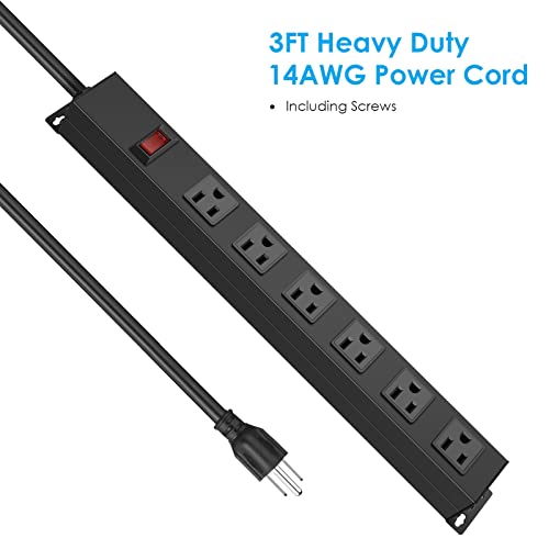 Metal Wall Mount Power Strip, Mountable Power Outlet with 6 AC Outlets, Aluminum Alloy Mount Power Socket with Switch, 3 FT SJT 3/C 14AWG Power Cord, 15A 125V 1875W (6AC) Black