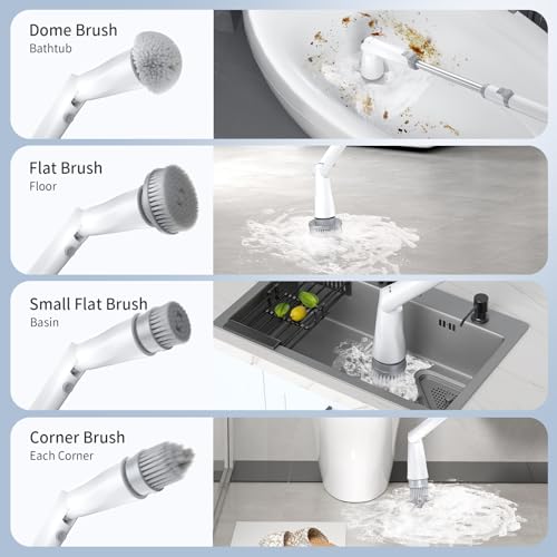 GROMCLIP Electric Spin Scrubber, Electric Shower Scrubber with Long Handle Adjustable, 8 Replaceable Heads and Battery Display, 2 Speeds Electric Spin Brush for Cleaning Bathroom Tub Floor Tile Basin