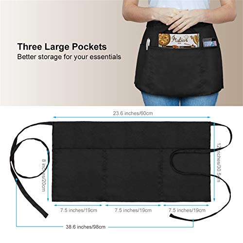 3 Pack Waist Apron - Server Aprons With 3 Pockets - Water & Oil Resistant Waitress Apron - Black Half Aprons for Women Servers - 12 Inch