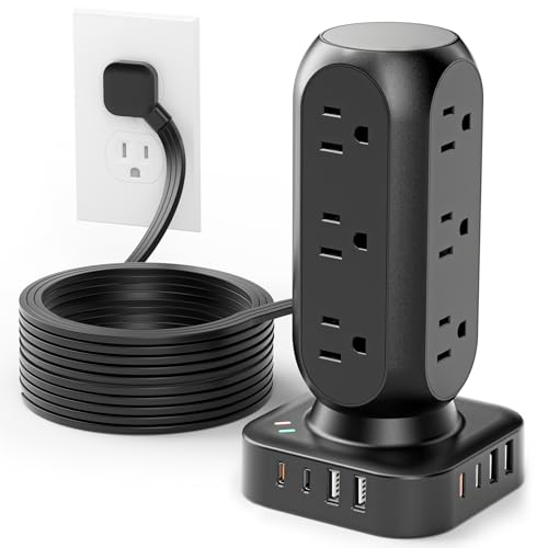 Flat Plug Power Strip Tower, 40W Total Fast Charging Station, Dual PD 20W USB-C Surge Protector with 12 AC Outlets and 8 USB Ports (4 USB C), 10FT Extension Cord for Home Office Dorm Room