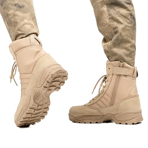WIDEWAY Men's Military Tactical Work Boots Black Combat Boots for Motorcycle Hiking (Tan, Adult, Men, 13, Numeric, US Footwear Size System, Medium)
