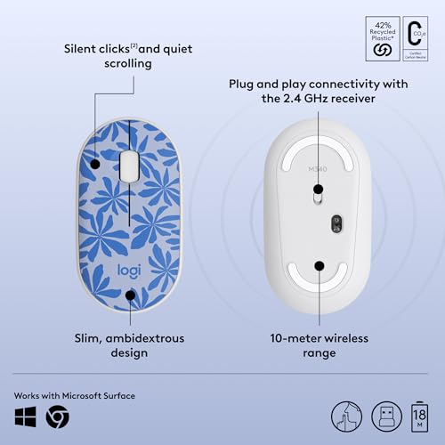 Logitech M340 Wireless Mouse with Limited Edition Prints, USB Receiver and Silent Clicks, Portable Wireless Mouse for Laptop, PC, Windows, Chrome, Surface – Blue Floral