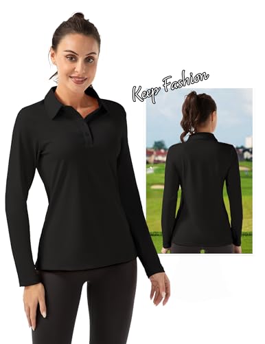 FKEEP Women Long Sleeve Polo Shirt Golf Sport Top Athletic Sportswear Tennis Activewear (Ink Wash, S)