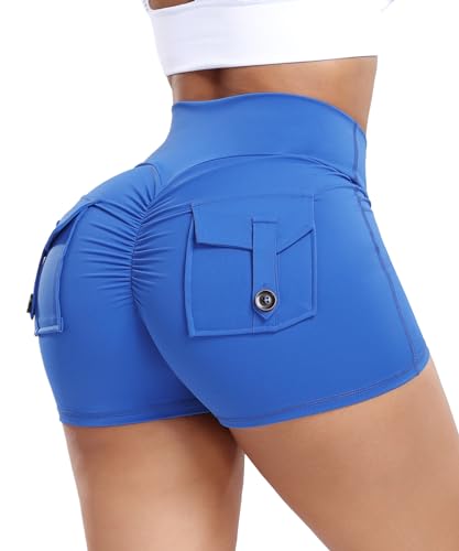 FITTOO Scrunch Butt Lifting Shorts for Women with Pocket V Criss Cross Waist High Waisted Booty Lift Crossover Yoga Workout Gym Shorts (Sky Blue, Mediun)