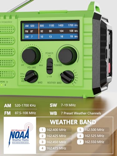 Weather Radio Raynic Solar Hand Crank Emergency Radio 5 Ways Powered AM/FM/SW/NOAA Weather Alert Portable Radio with Flashlight, Reading Lamp (Black-LCD Display)