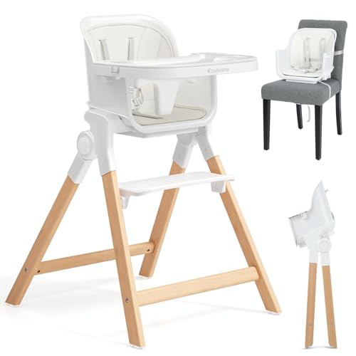 Ezebaby Folding Wooden High Chairs, 3-in-1 Convertible Baby High Chair, Dining Booster Seat, Toddler Chair, Easy Clean High Chairs for Babies and Toddlers with Large Adjustable Tray- Solid White