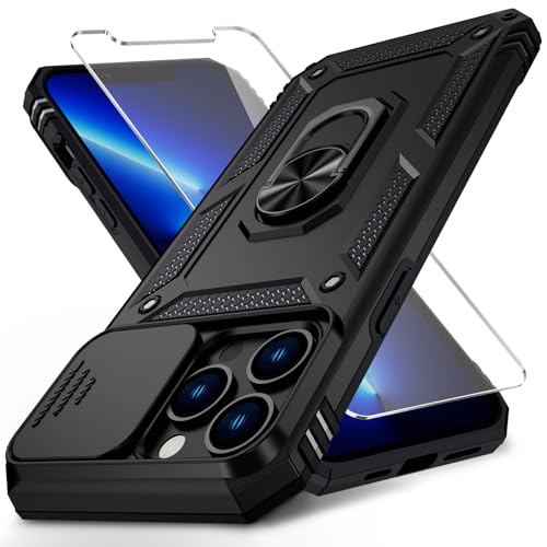 Vinve for iPhone 13 Pro Max Case with Slide Lens Cover, HD Screen Protector, Military Grade Drop Protection, Magnetic Rotated Ring Holder Kickstand Phone Case (Black)