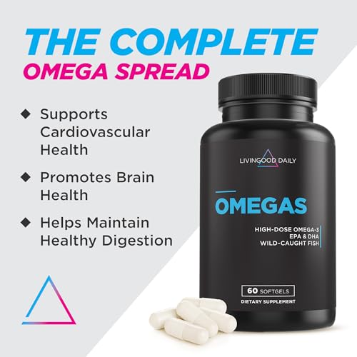 Livingood Daily Fish Oil Supplements with Omega 3 Fatty Acid, Omegas (60 Softgels) - EPA & DHA Fish Oil Pills Support Heart & Joint Health - Promotes Healthy Digestion & Brain Function - Non-GMO