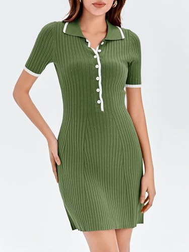 Saodimallsu Womens V Neck Short Sleeve Slim Fit Bodycon Sweater Dress Button Up Ribbed Knit Mini Summer Dresses Army Green