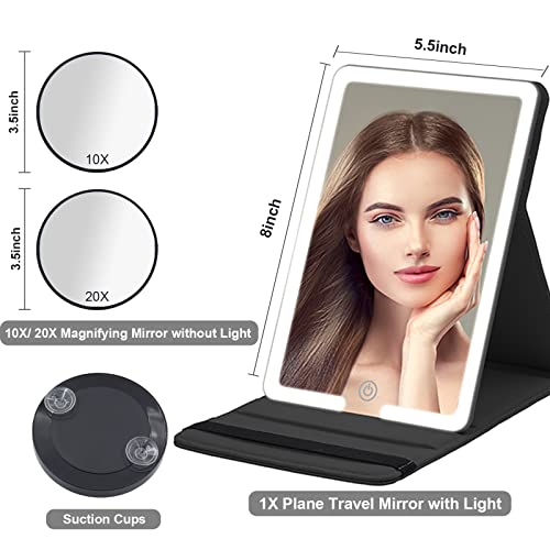 Travel Mirror with Light and Round 10X 20X Magnifying Mirror, PU Leather Travel Makeup Mirror with 3 Light Settings, Portable LED Lighted Makeup Mirror of 8 * 5.5inch, with 2000mAh