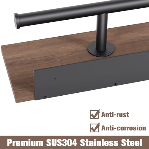 Tindbea Toilet Paper Holder with Wood Shelf, Wooden Wall Mount Tissue Paper Roll Holder, Matte Black Stainless Steel Bathroom Accessories Decor for Household Home Apartment Restroom Essential (Wenge)