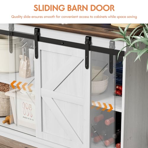 Shahoo Farmhouse Sideboard Buffet Cabinet, Coffee Bar Storage with Sliding Barn Doors, Shelf for Home Dining Room, White