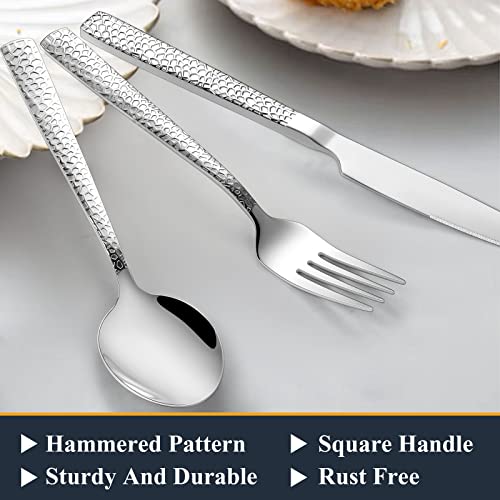 Paincco Hammered Silverware Set, 40-Piece Stainless Steel Square Flatware Set for 8, Tableware Cutlery Set, Utensil Set for Home Restaurant, Includes Fork Knife Spoon, Modern Design, Dishwasher Safe