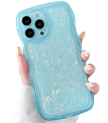 Qokey Clear Cute Flower Design Lens Glitter Shell Pattern Case with Wave Curly Frame,Soft Slim Shockproof Anti-Fingerprint Dirt-Resistance Compatible with iPhone Case(Blue,for iPhone 13 Pro Max)