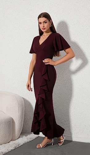 CARROTMOB Women's Formal Dresses V Neck Short Sleeve Ruffle Long Dresses for Women Wedding Guest Burgundy X Large