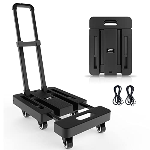 SOLEJAZZ Folding Hand Truck Portable Dolly for Moving, 500LB Luggage Cart Dolly with 6 Wheels & 2 Bungee Cords for Travel, Moving, Shopping Use, Black