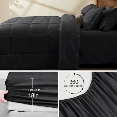 PHF 5 Pieces Twin Comforter Set Black, Bed in a Bag Comforter & 18" Sheet Set All Season, Ultra Soft Noiseless Bedding Sets with Comforter, Sheets, Pillowcase & Sham