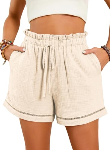 Dokotoo Linen Shorts for Women Cotton Lounge Beach 2024 Spring Fashion Casual Summer Flowy Shorts Trendy Resort Wear Beach Cruise Outfits High Waisted Shorts Beige Small