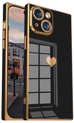 Tzomsze Case Compatible with iPhone 15 Case Gradient,Clear &Glitter with Cute Heart Pattern, Lens Protection&Electroplate Reinforced Corners Shockproof Edge Case[6.1 inches]-Black