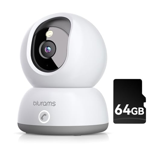 blurams Indoor Security Camera, 2K Pet Camera with 64GB Memory Card, Dog Camera with Phone App, Color Night Vision, One-Touch Call, AI Motion Detection, Work with Alexa(2.4GHz ONLY)