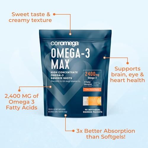 Coromega MAX High Concentrate Omega 3 Fish Oil, 2400mg Omega-3s with 3X Better Absorption Than Softgels, 30 Single Serve Packets, Citrus Burst Flavor; Supplement with Vitamin D