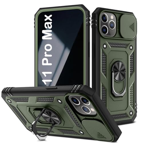 PASNEW for iPhone 11 Pro Max Case,Magnetic Car Mount Holder Kickstand & Camera Cover Slide,Charge Port Dust Plug,Military Rugged Heavy Duty Full Body Shockproof Drop Shell 11Promax,Army Green