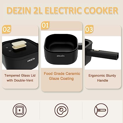 Dezin Hot Pot Electric with Steamer, 2L Non-Stick Ceramic Coating Electric Pot, Multifunction Cooker for Ramen, Portable Hot Pot with Power Control for Dorm, Office, Travel (Silicone Spatula Included)