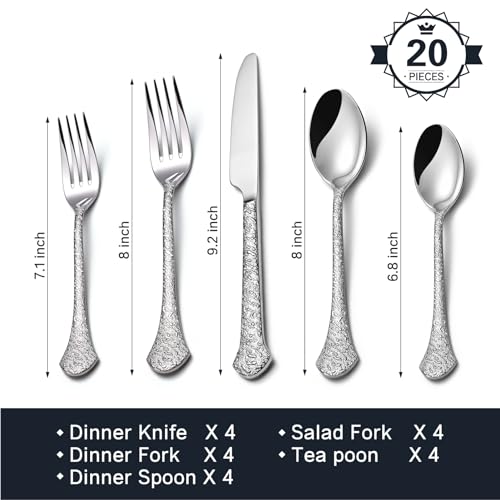 KINGSTONE Premium Silverware Sets, 18/10 Stainless Steel Flatware Set，20-Piece Cutlery with Tin Flow Handles, Dishwasher Safe