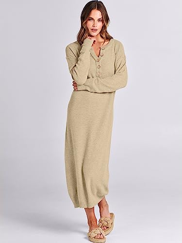 ANRABESS Women Long Sleeve Button V Neck Oversized Casual Loose Fit Waffle Knit Fall Midi Sweater Dress 2024 Trendy Outfits Green Large