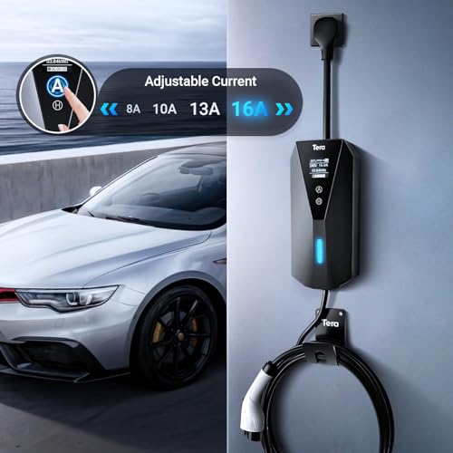 Tera Electric Vehicle Charger Portable: Level 2 & 1 J1772 16A 8A 110V 240V ETL NEMA 6-20 Plug Indoor & Outdoor EV Charging Station with NEMA 5-15 Adapter Cord 23FT Cable B08