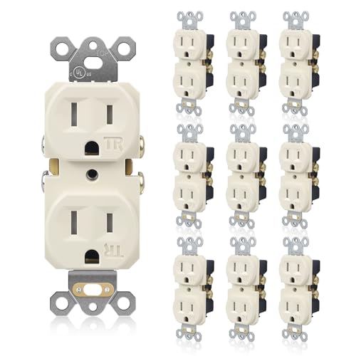 TOPELER 10 Pack Duplex Receptacle Outlets, Residential Grade Tamper-Resistant Electrical Wall Outlet, 15A 125V, 2 Pole 3 Wire, NEMA 5-15R, Self-Grounding, UL Listed, Light Almond