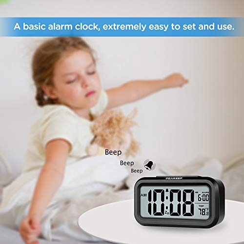 Peakeep Night Light Digital Alarm Clock Battery Operated with Indoor Temperature, Desk Small Clock (Black)