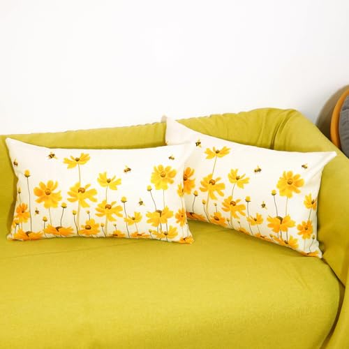 HOMFREEST Spring Summer Pillow Covers 12x20 Set of 2 Farmhouse Daisy Floral Bee Decorations Yellow Patio Outdoor Cushion Case for Sofa Couch Home Decor