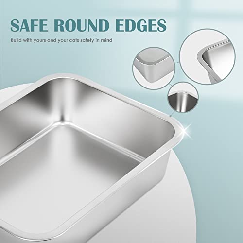 IKITCHEN Stainless Steel Cat Litter Box, Small Low Entry Open Metal Litter Pan for Kittens Newborn Cats Rabbits, Never Absorbs Odors 15.7" L x 11.7" W x 4" H