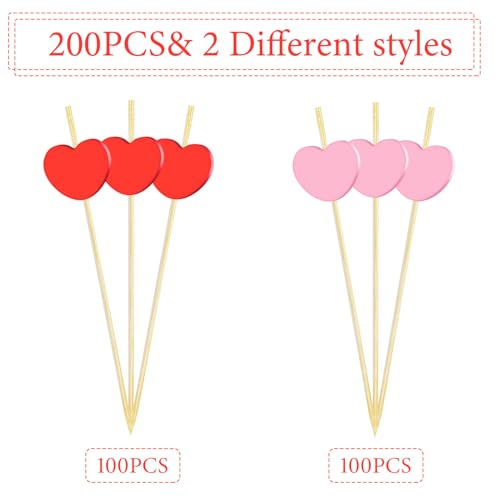 200 Pieces Valentine's Day Heart Toothpicks Cocktail Picks Assorted Handmade Red Pink Heart Fruits Bamboo Toothpicks for Valentine's Day Party Drink Fruit Dessert Food Appetizers Decoration