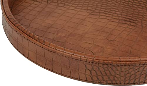 HofferRuffer Faux Leather Round Serving Tray, Vegan Croco Leather Decorative Tray, Food Tray for Storage Drinks, Snack & Cosmetics, Dia.12'' x 1.6'' (Antique Brown)