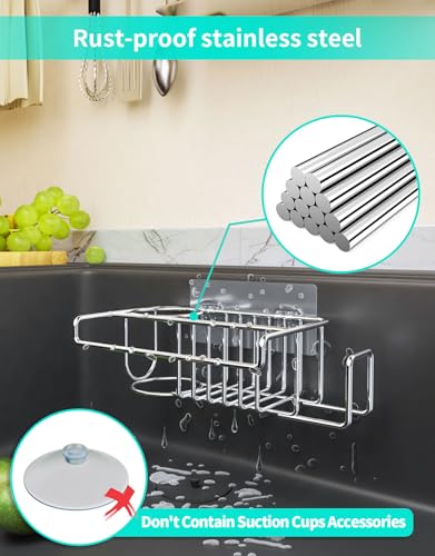 HapiRm 4 in 1 Adhesive Sink Caddy Sponge Holder, SUS304 Stainless Steel Sink Basket Brush Holder + Dish Cloth Hanger + Soap Rack + Sink Stopper Holder + Sponge Holder for Kitchen Sink - Silver