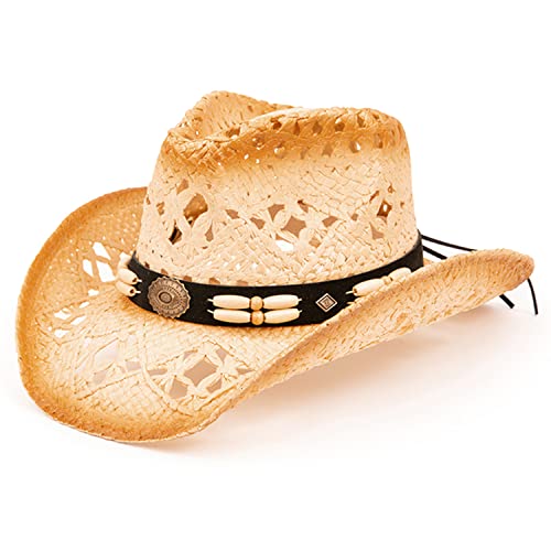 TOVOSO Straw Cowboy Hat for Women and Men with Shape-It Brim, Western Cowboy Hat, Beads - Tea Stain