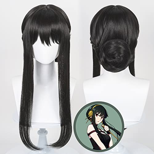 LABEAUTÉ Black Wig for with Bun Anime Straight Black Wig with Bangs Halloween Costume Party Wig + Wig Cap (Black)