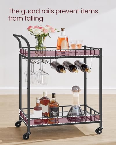 VASAGLE Bar Cart Black, Home Bar Serving Cart, Wine Cart with 2 Mirrored Shelves, Wine Holders, Glass Holders, for Kitchen, Dining Room, Black ULRC092B62