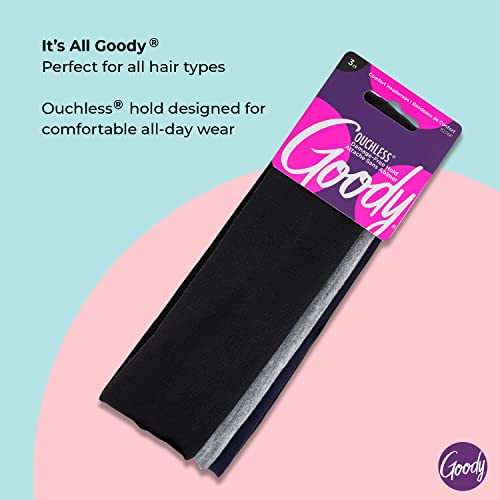 Goody Ouchless Comfort Head Wraps - 3 Ct, Black/Grey/Navy Blue, Soft & Stretchy Fabric Headbands for Women & Men, Secure Hold Yoga, Workout Headband, Versatile Hair Accessories for All-Day Wear