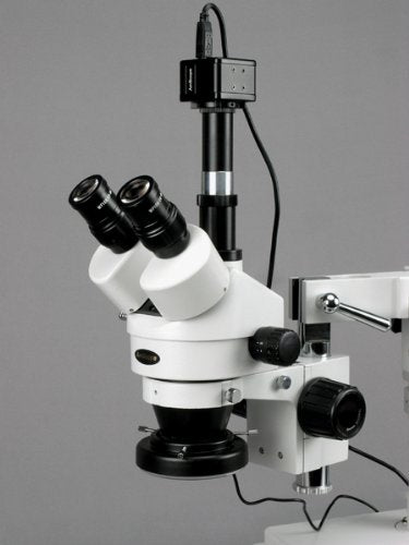 AmScope SM-4TZ-144A Professional Trinocular Stereo Zoom Microscope, WH10x Eyepieces, 3.5X-90X Magnification, 0.7X-4.5X Zoom Objective, Four-Zone LED Ring Light, Double-Arm Boom Stand, 110V-240V, Includes 0.5X and 2.0X Barlow Lens