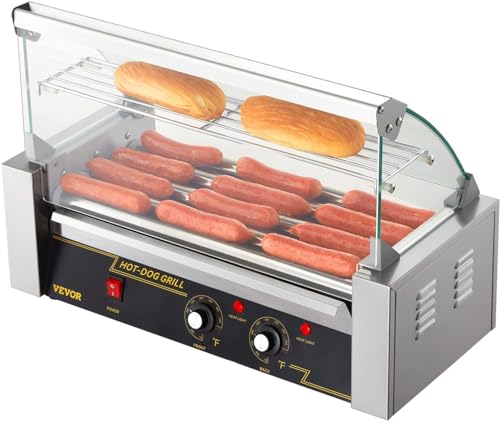 VEVOR Hot Dog Roller, 12 Hot Dog Capacity 5 Rollers, 750W Stainless Steel Cook Warmer Machine with Cover & Dual Temp Control, LED Light & Detachable Drip Tray, Sausage Grill Cooker