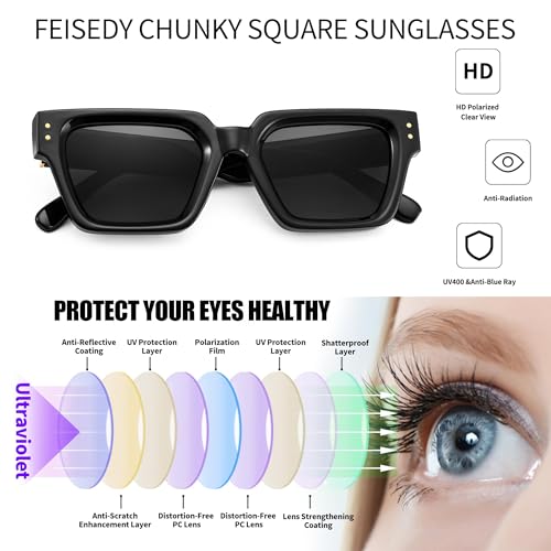 FEISEDY Retro Rectangle Sunglasses Trendy Chunky Square Sun Glasses for Women Men UV400 Protection B0073