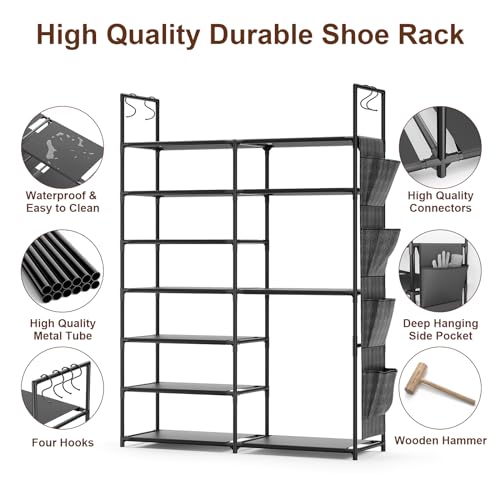 Kottwca 7 Tiers Shoe Rack Metal Shoe Organizer for Entryway Closet, 24-28 Pairs Stackable Shoe and Boots Shelf Storage Cabinet with Hooks and Side Hanging Pockets for Bedroom, Garage, Black