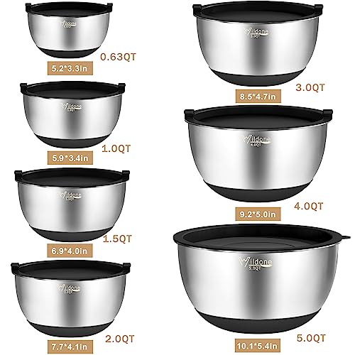 Wildone Mixing Bowls with Airtight Lids, 27 PCS Stainless Steel Nesting Bowls, with 3 Grater Attachments, Scale Mark & Non-Slip Bottom, Size 5, 4, 3, 2, 1.5, 1, 0.63QT, Ideal for Mixing & Prepping