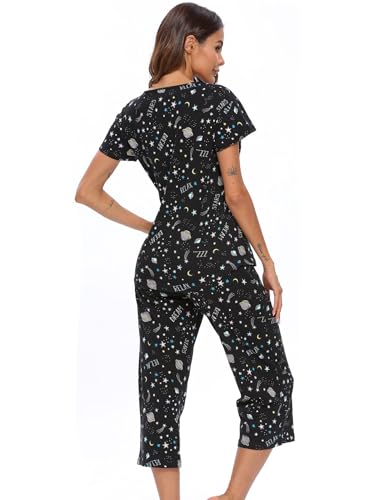 ENJOYNIGHT Womens Pajama Sets Cotton Pj Set Short Sleeve Top With Capri Pants Sleepwear 2 Piece Lounge Set (Medium,Wine Red)
